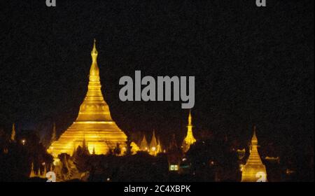 La Pagoda di Shwedagon si illuminò contro un cielo notturno nero, Yangon, Myanmar Foto Stock