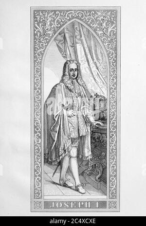 Giuseppe I. (* 26 luglio 1678, † 17 aprile 1711) della Casa di Asburgo e dal 1705 al 1711 Imperatore del Sacro Romano Impero, Re di Boemia, Croazia e Ungheria / Giuseppe I. (* 26. Luglio 1678; † 17. Aprile 1711) aus dem Hause Habsburg und von 1705 bis 1711 Kaiser des Heiligen Roemischen Reiches, Koenig von Boehmen, Kroatien und Ungarn, riproduzione storica, digitale migliorata di un originale del 19 ° secolo / digitale Reproduktion einer Originalvollage aus dem 19. Jahrhundert Foto Stock