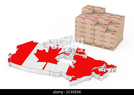 Concetto di logistica del Canada. Scatole di cartone su una tavolozza di legno vicino Canada Mappa con bandiera su sfondo bianco. Rendering 3d Foto Stock