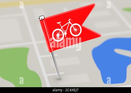 Indicatore rosso con indicatore di corsia in bicicletta Sign on Map background closeup estremo. Rendering 3d Foto Stock