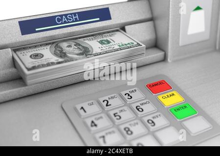ATM macchina ritirando banconote in dollari closeup estremo. Rendering 3d Foto Stock