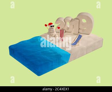 Pezzo di spiaggia isometrica piatto con pupazzo di neve di Natale, sedie da spiaggia e cartello di Capodanno 2019 su sfondo verde. Rendering 3d Foto Stock