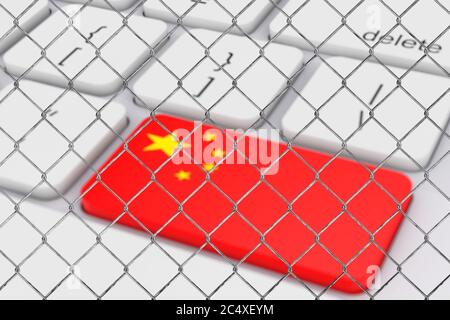 Key with China Flag on White PC Keyboard Behind the Chain link Fence Extreme closeup. Rendering 3d Foto Stock