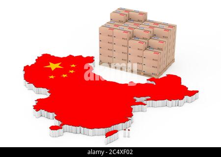 Concetto di logistica della Cina. Scatole di cartone su una tavolozza di legno vicino alla Cina Mappa con bandiera su sfondo bianco. Rendering 3d Foto Stock