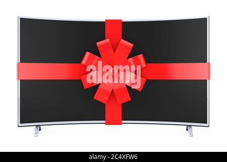 Smart TV LCD al plasma curvo o o con nastro rosso e arco su sfondo bianco. Rendering 3d. Foto Stock