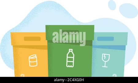 Scatole di smistamento dei rifiuti a colori per illustrazione del riciclaggio. Scatole separate per vetro, imballaggio e plastica. Illustrazione Vettoriale
