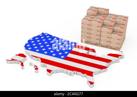 Concetto di logistica degli Stati Uniti. Scatole di cartone su una tavolozza di legno vicino USA Mappa con bandiera su sfondo bianco. Rendering 3d Foto Stock