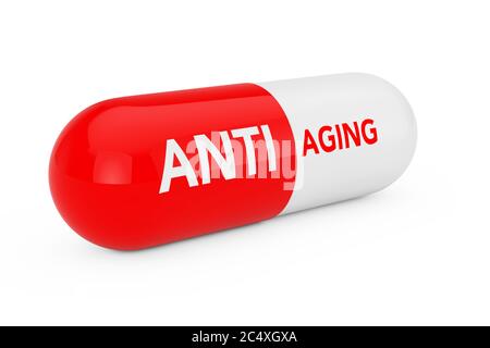 Capsula con Anti Aging Sigh su sfondo bianco. Rendering 3d Foto Stock