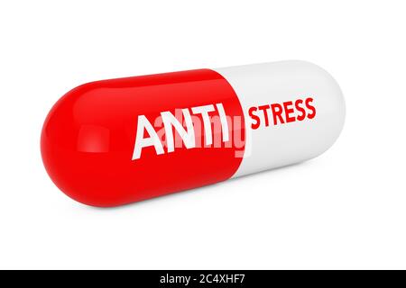 Capsula con Anti stress Sigh su sfondo bianco. Rendering 3d Foto Stock