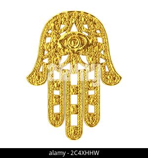 Golden Hamsa, mano di Fatima Amulet simbolo su uno sfondo bianco. Rendering 3d Foto Stock