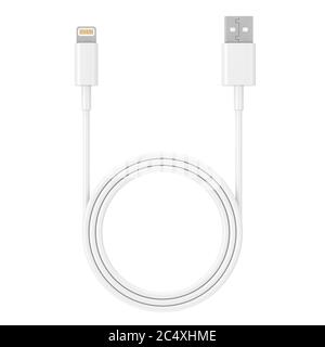 Cavo di ricarica bianco a 8 pin per smartphone su sfondo bianco. Rendering 3d Foto Stock