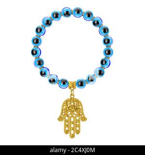 Bracciale con Golden Hamsa, mano di Fatima Amulet e perline di Evil Eye su sfondo bianco. Rendering 3d Foto Stock