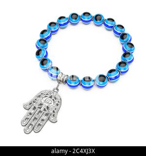 Bracciale con Hamsa Argento, mano di Fatima Amulet e perline di Evil Eye su sfondo bianco. Rendering 3d Foto Stock