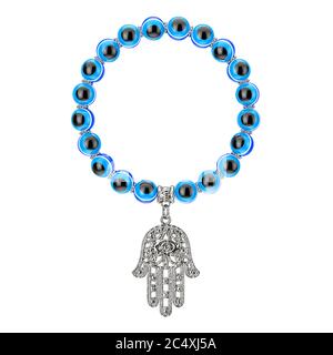 Bracciale con Hamsa Argento, mano di Fatima Amulet e perline di Evil Eye su sfondo bianco. Rendering 3d Foto Stock