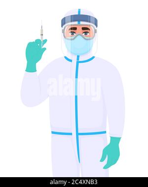 Medico in tuta protettiva di sicurezza e che tiene l'ago della siringa medica. Il chirurgo che mostra il medicinale per iniezione. Medico che indossa i DPI. Illustrazione Vettoriale