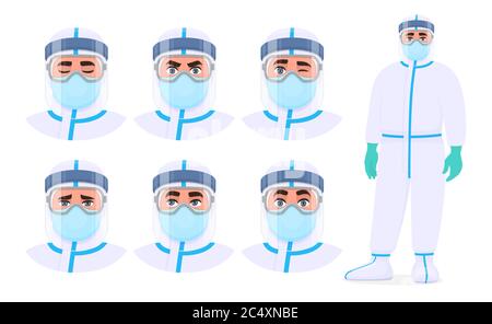Set di espressioni facciali maschili con tuta protettiva di sicurezza, maschera, occhiali e visiera protettiva. Medico o chirurgo che indossa i DPI. Illustrazione Vettoriale