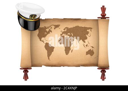 Naval Officer, Ammiral, Navy Ship Captain Hat su carta vecchia scorrimento Parchment con World Map su sfondo bianco. Rendering 3d Foto Stock