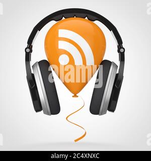 Cuffie su pallone con l'icona del logo RSS Podcast su sfondo bianco. Rendering 3d Foto Stock