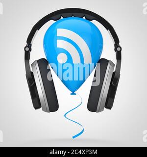 Cuffie su pallone con l'icona del logo RSS Podcast su sfondo bianco. Rendering 3d Foto Stock