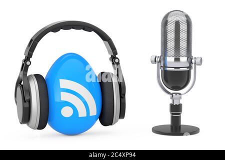 Microfono con cuffie tramite RSS icona del logo Podcast su sfondo bianco. Rendering 3d Foto Stock