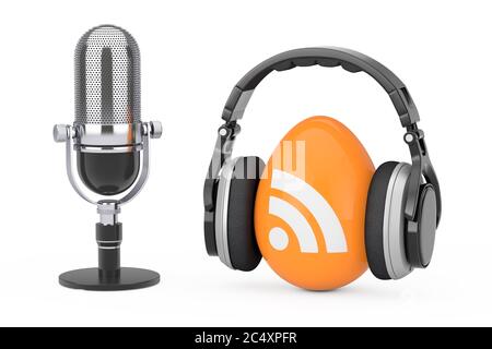 Microfono con cuffie tramite RSS icona del logo Podcast su sfondo bianco. Rendering 3d Foto Stock