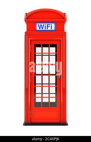 Classic British Red Phone Booth con WiFi Sign su sfondo bianco. Rendering 3d Foto Stock