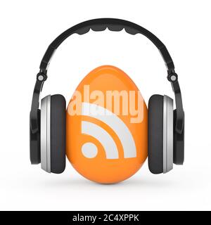 Cuffie con l'icona del logo RSS Podcast su sfondo bianco. Rendering 3d Foto Stock