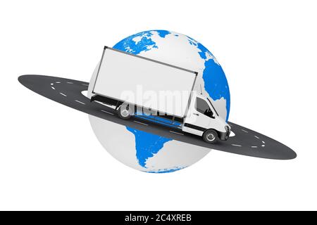 Trasporto industriale di merci di trasporto di merci bianche su strada intorno al globo di terra su uno sfondo bianco. Rendering 3d Foto Stock