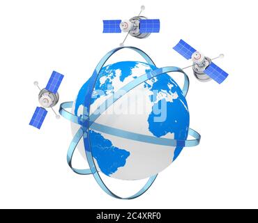 Modern World Global Navigation satellite in orbite eccentriche intorno al globo terrestre su sfondo bianco. Rendering 3d Foto Stock