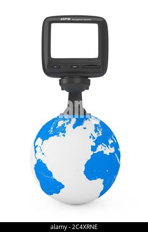 Dispositivo GPS del sistema di navigazione e posizionamento globale con schermo vuoto sul globo terrestre su sfondo bianco. Rendering 3d Foto Stock