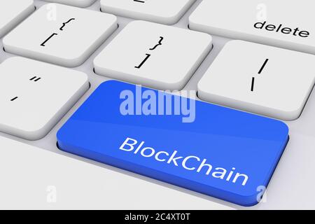 Tasto Blue Blockchain su tastiera PC bianca - primo piano. Rendering 3d Foto Stock