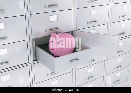 Piggy Bank in una cassetta di sicurezza aperta per la banca Extreme closeup. Rendering 3d Foto Stock