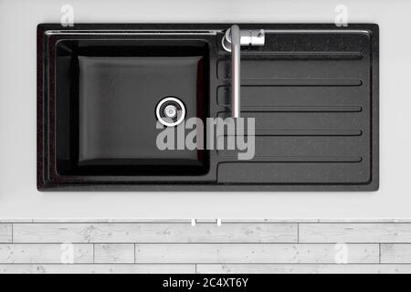 Cucina moderna con Black Kitchen Sink e Tap Water vista dall'alto, vista estrema. Rendering 3d Foto Stock
