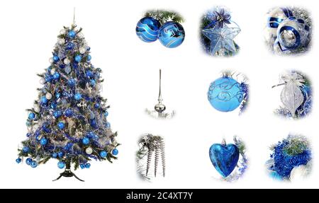 Albero di Natale decorato con colore blu con accessori su sfondo bianco Foto Stock