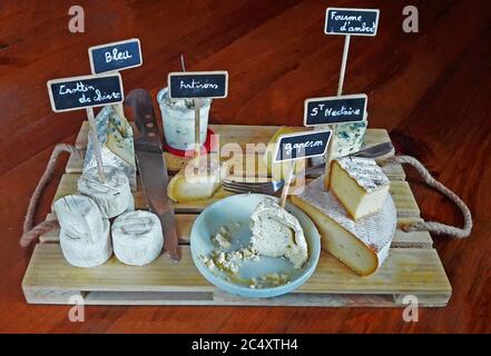 Piatto di formaggi della regione auvergne in una locanda agriturismo, Marsac-en-Livradois, Livradois-Forez, Francia Foto Stock