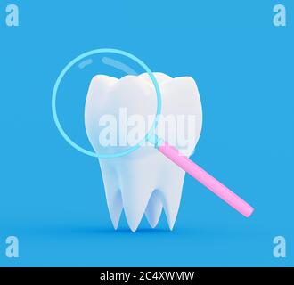 Dente sotto una lente di ingrandimento. Ricerca e diagnosi di malattie dei denti concetto. illustrazione 3d Foto Stock