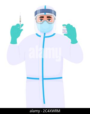 Medico in tuta protettiva di sicurezza contenente siringa, flaconcino di vaccino. Chirurgo che mostra il medicinale per iniezione. Medico che indossa dispositivi di protezione individuale. Illustrazione Vettoriale