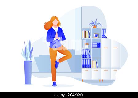 Manager donna d'affari si trova in posa albero vrksasana. Pausa di yoga per ufficio di 5 minuti. Donna meditando in un moderno gabinetto. Illustrazione dei caratteri vettoriali. Lui Illustrazione Vettoriale