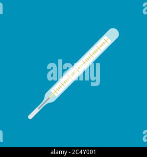 Termometro in vetro di vecchia moda per la misurazione della temperatura corporea su sfondo blu. Termometro con mercurio per misurazioni accurate. Febbre. Vettore Illustrazione Vettoriale