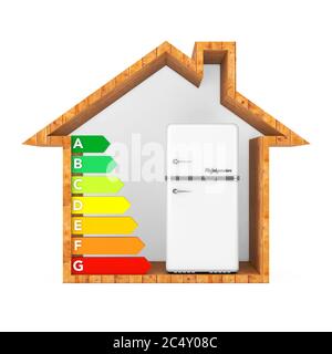 Frigorifero bianco con tabella di valutazione dell'efficienza energetica in Abstract Casa ecologica in legno su sfondo bianco. Rendering 3d Foto Stock