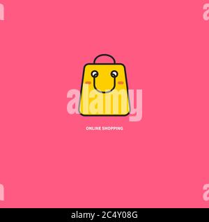 Logo dello shopping online, icona divertente del negozio online, segno del negozio, pacchetto sorridente Illustrazione Vettoriale