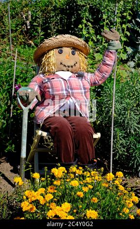 scarecrow in giardino inglese, norfolk, inghilterra Foto Stock