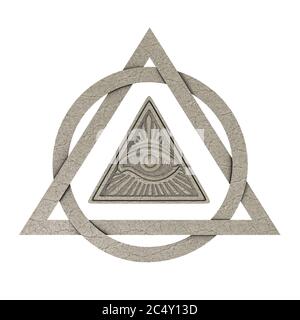 Concetto di simbolo Masonic. Occhio all'interno del triangolo piramidico come pietra su sfondo bianco. Rendering 3d Foto Stock