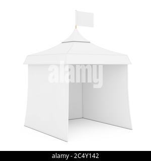 White Promotional Advertising Outdoor Event Trade Show Mockup Tenda con bandiera su sfondo bianco. Rendering 3d Foto Stock