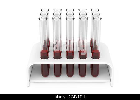 Provette per analisi chimiche da laboratorio in vetro matracci con campioni di sangue nel supporto su fondo bianco. Rendering 3d Foto Stock