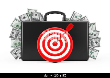 Valigia nera piena di cento dollari con Target come freccette su sfondo bianco. Rendering 3d Foto Stock