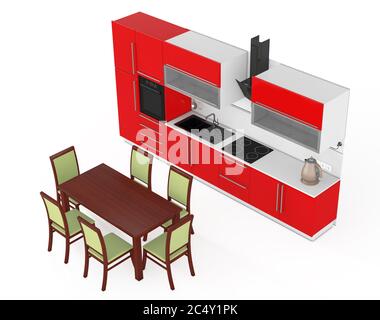 Tavolo e sedie davanti ai moderni arredi da cucina rossi con utensili da cucina su sfondo bianco. Rendering 3d Foto Stock
