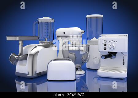 Set di elettrodomestici da cucina. Frullatore bianco, tostapane, macchina per caffè, macinacaffè, mixer per alimenti e macinacaffè su sfondo blu. Rendering 3d Foto Stock