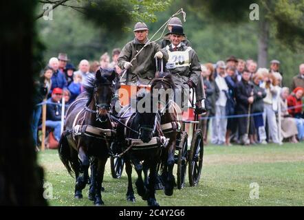 Il principe Filippo, duca di Edimburgo, gareggia alla guida in carrozza. Spettacolo di cavalli Windsor. Berkshire, Inghilterra, Regno Unito circa 1989 Foto Stock