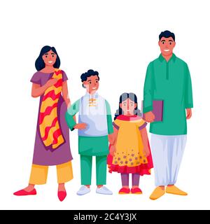 Famiglia indiana felice con due bambini. Padre, madre, ragazzo e ragazza in colorati abiti tradizionali, isolati su sfondo bianco. Vector cartoon piatto ch Illustrazione Vettoriale